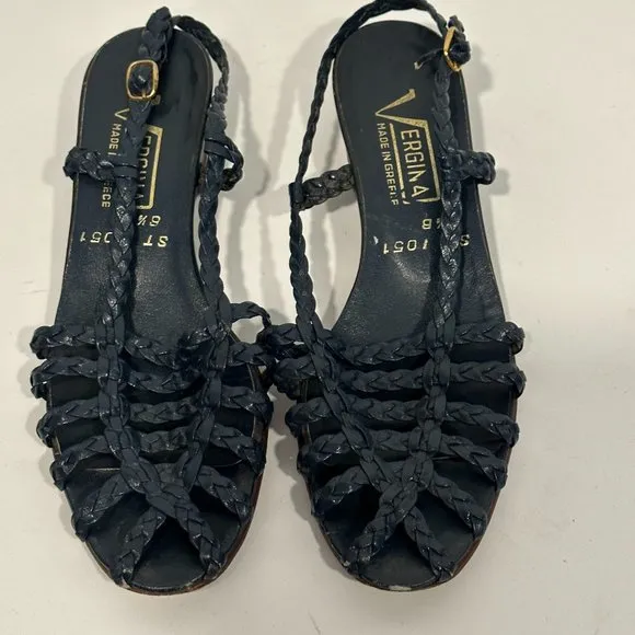 Vintage Vergina Leather Wedge Sandals Strappy Rare Navy Made in Greece Size 6.5