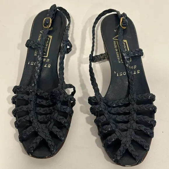 Vintage Vergina Leather Wedge Sandals Strappy Rare Navy Made in Greece Size 6.5