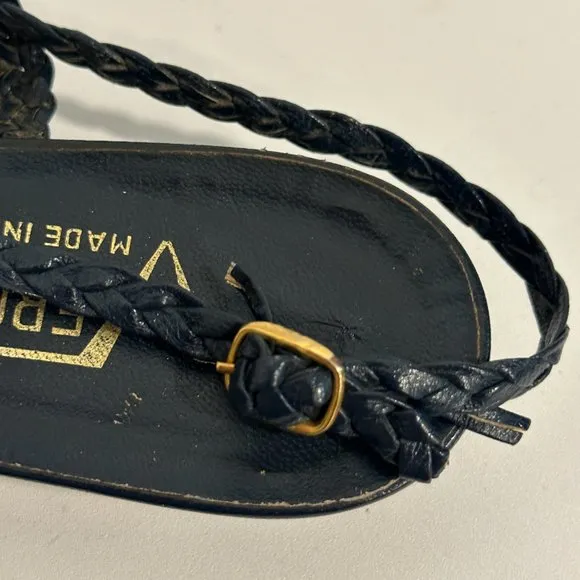 Vintage Vergina Leather Wedge Sandals Strappy Rare Navy Made in Greece Size 6.5