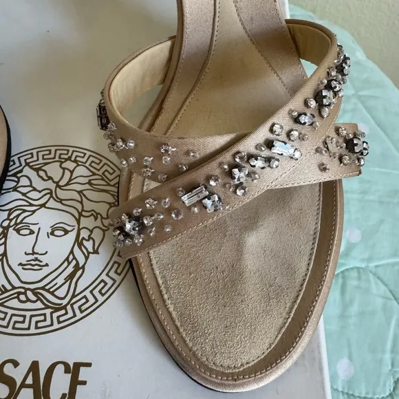 VINTAGE Versace Tan Cream Beige  Sandals Raso   Strass Womenns size 38