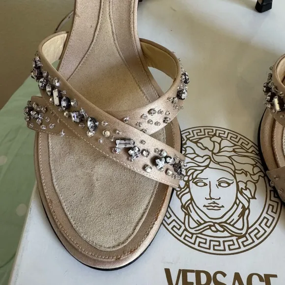 VINTAGE Versace Tan Cream Beige  Sandals Raso   Strass Womenns size 38