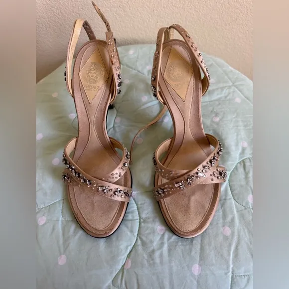 VINTAGE Versace Tan Cream Beige  Sandals Raso   Strass Womenns size 38