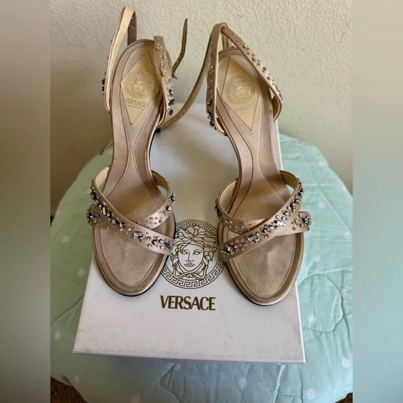 VINTAGE Versace Tan Cream Beige  Sandals Raso   Strass Womenns size 38