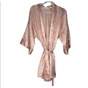 Vintage Victoria Secret Pink Satin Robe One Size Gold Label Tie Waist