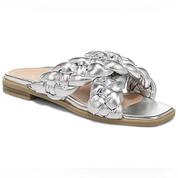 Vionic NWT Metallic Silver Kalina Braided Cross Strap Slide Sandals