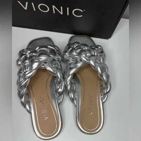 Vionic NWT Metallic Silver Kalina Braided Cross Strap Slide Sandals