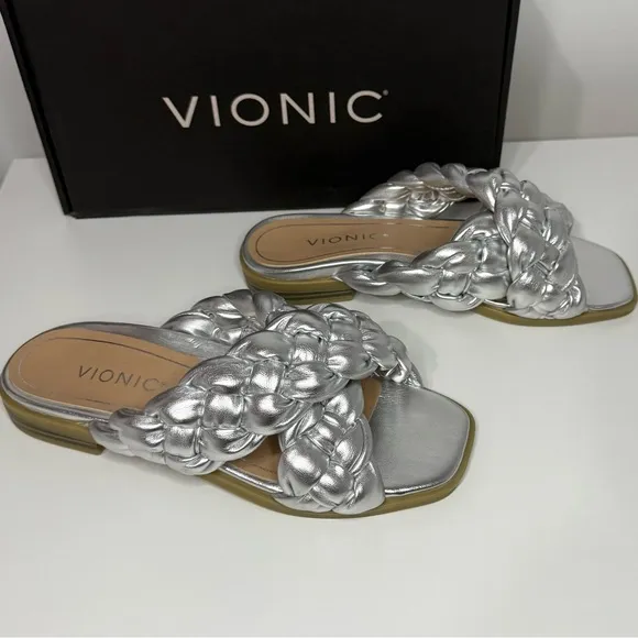 Vionic NWT Metallic Silver Kalina Braided Cross Strap Slide Sandals