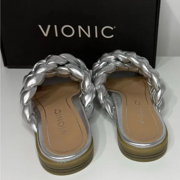 Vionic NWT Metallic Silver Kalina Braided Cross Strap Slide Sandals
