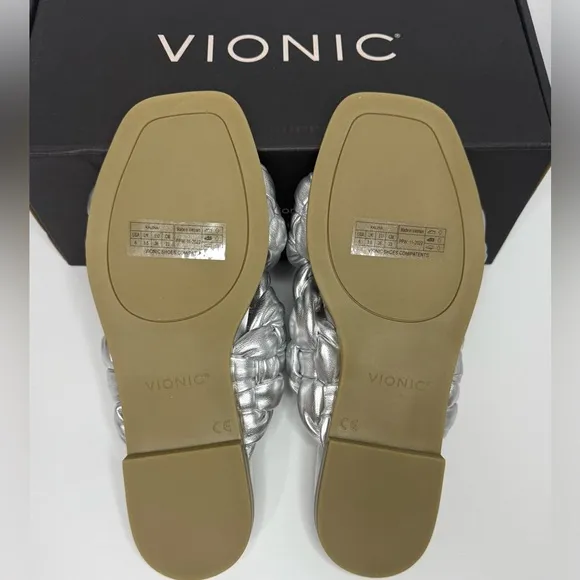 Vionic NWT Metallic Silver Kalina Braided Cross Strap Slide Sandals