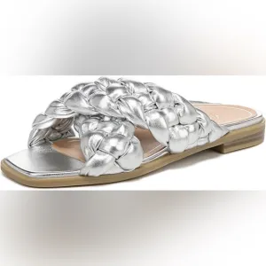 Vionic NWT Metallic Silver Kalina Braided Cross Strap Slide Sandals