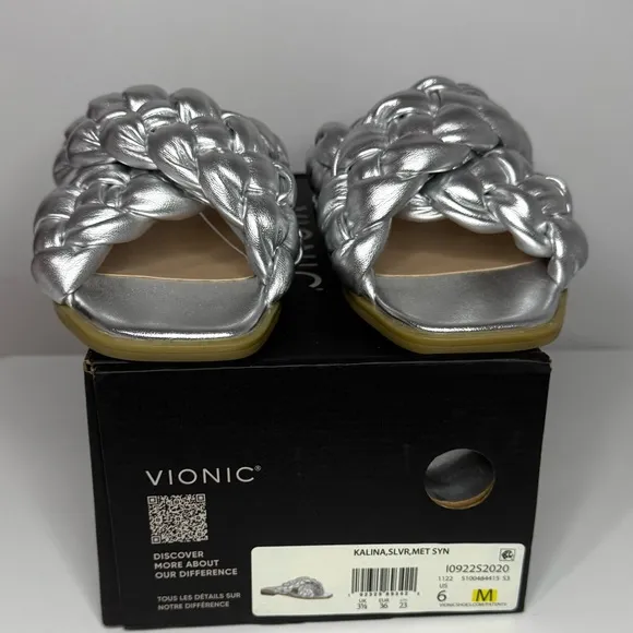 Vionic NWT Metallic Silver Kalina Braided Cross Strap Slide Sandals