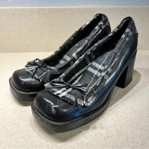 Vtg Y2K Rampage Chunky Heel Loafers 8.5 Black Plaid Platform Shoes Goth Bratz