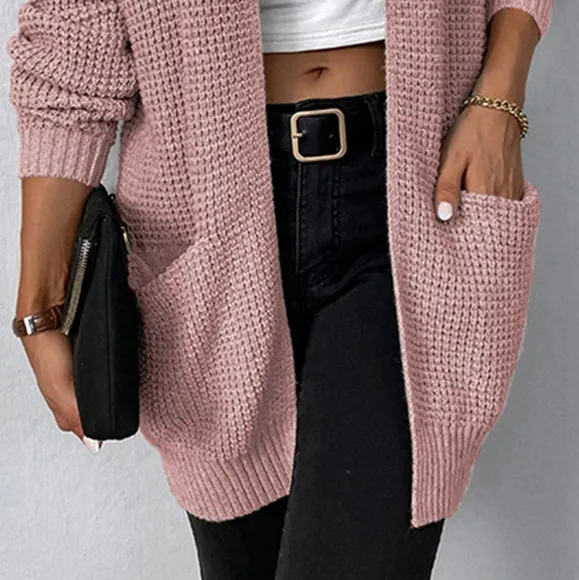 Waffle Knit Longline Open Front Classic Wide Patch Pocket Boho Sweater Cardigan