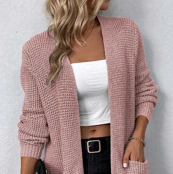 Waffle Knit Longline Open Front Classic Wide Patch Pocket Boho Sweater Cardigan