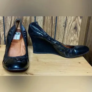 Woman LANVIN Black Patent Leather Suede Leather Slip On Wedge Heel Shoes Sz 9