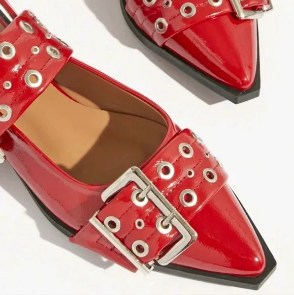 Women Oversized Buckle Chunky Grommet Snip Toe Slingback Pat Red Flats
