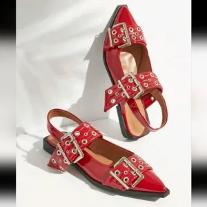 Women Oversized Buckle Chunky Grommet Snip Toe Slingback Pat Red Flats