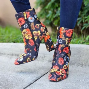 Women Flower Print Square Toe Chain Bit Buckle Block Heel Bootie