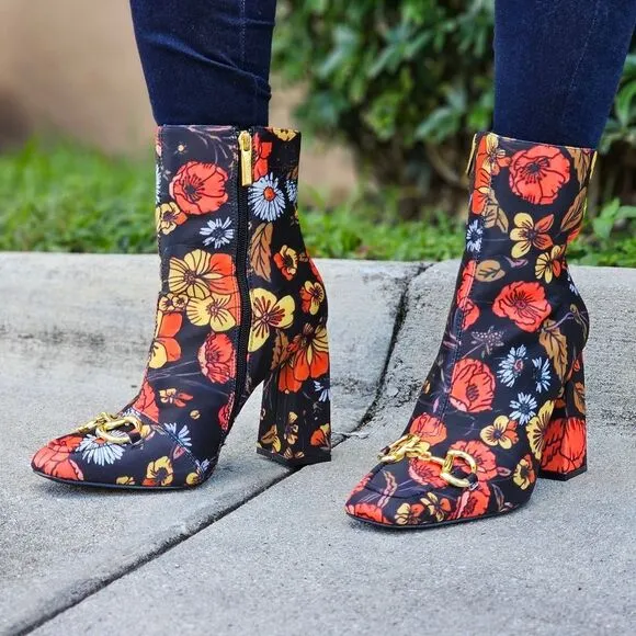 Women Flower Print Square Toe Chain Bit Buckle Block Heel Bootie