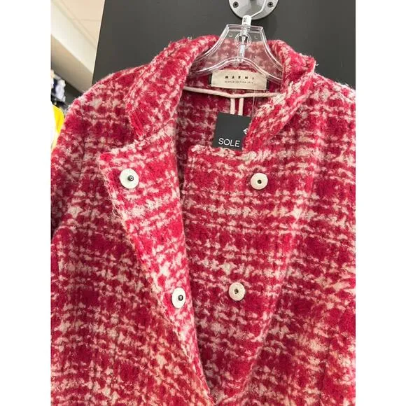 Women's 2010 Marni Winter Edition Vintage Red Cream Tweed Wool Plaid Coat Jacket