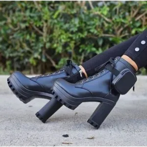 Women's Black Block Heel Lace Up Botties