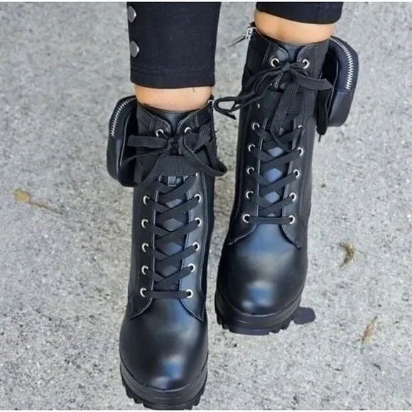 Women's Black Block Heel Lace Up Botties