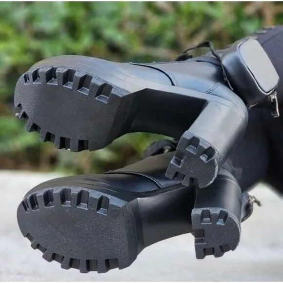 Women's Black Block Heel Lace Up Botties