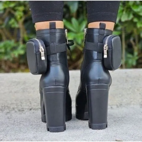 Women's Black Block Heel Lace Up Botties