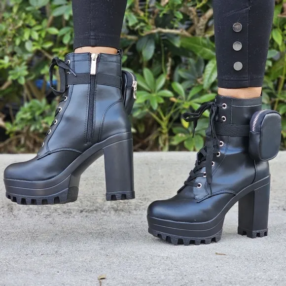 Women's Black Block Heel Lace Up Botties