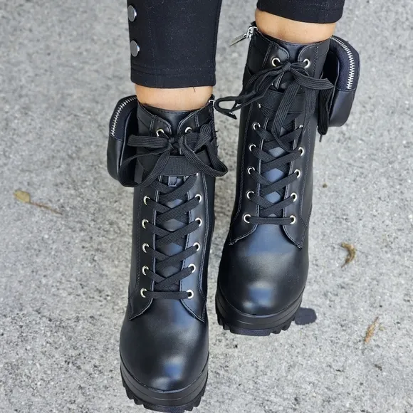 Women's Black Block Heel Lace Up Botties