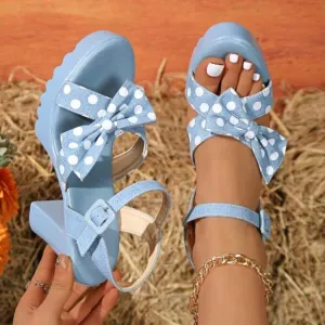 Women's Bow Decor Strap Round Toe Platform Thick Heel Sandals, Blue Open Toe Bea