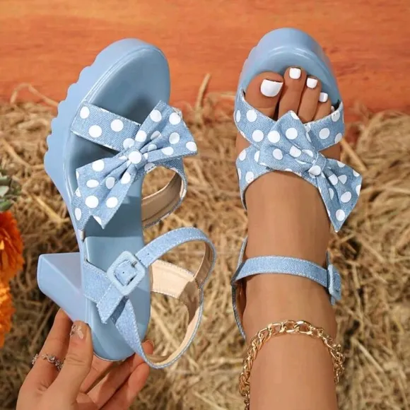 Women's Bow Decor Strap Round Toe Platform Thick Heel Sandals, Blue Open Toe Bea