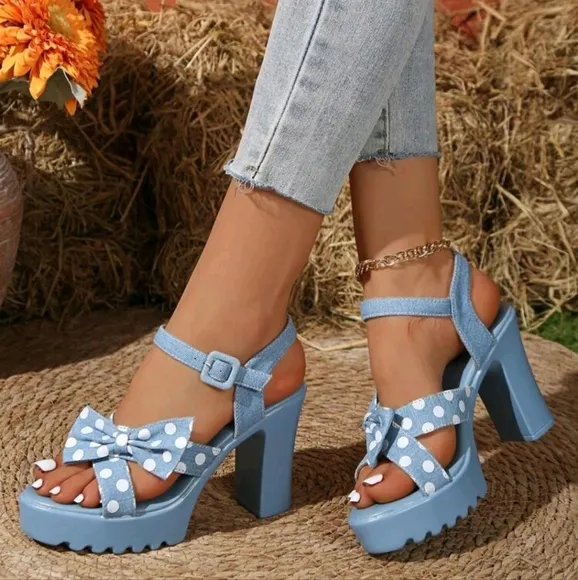 Women's Bow Decor Strap Round Toe Platform Thick Heel Sandals, Blue Open Toe Bea