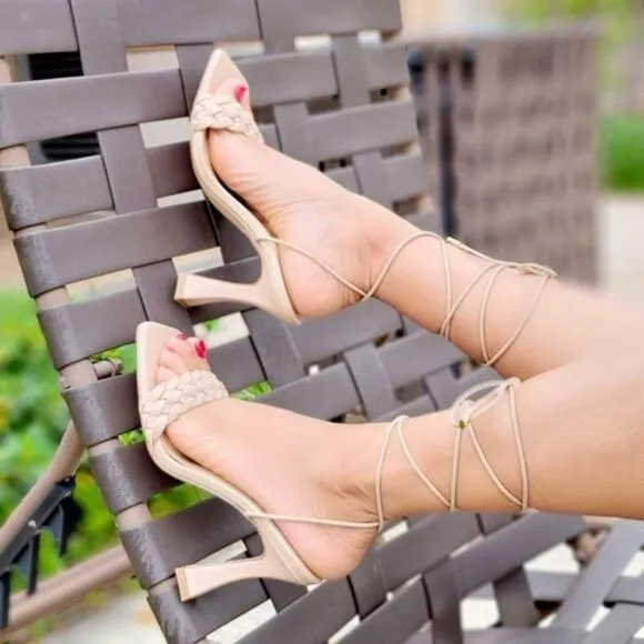 Women's Braided Nude Strappy Pyramid Heel Gladiator Sandals