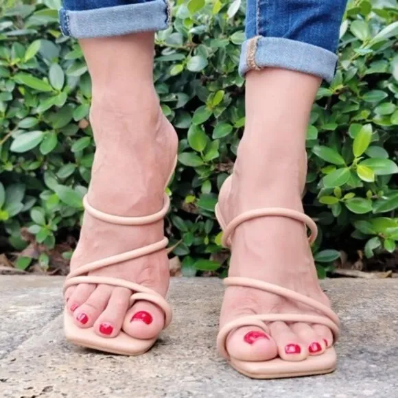 Women's Nude Square Toe Ring Sandals