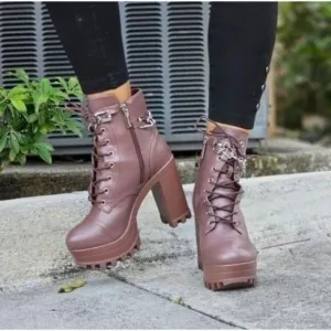 Women's Platform Heel Boots Chunky Ankle Lace Up Mocha Color