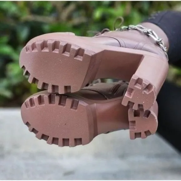 Women's Platform Heel Boots Chunky Ankle Lace Up Mocha Color