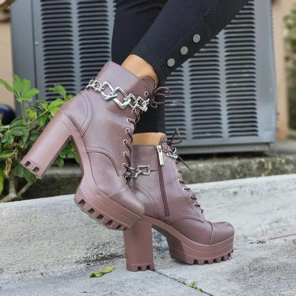 Women's Platform Heel Boots Chunky Ankle Lace Up Mocha Color