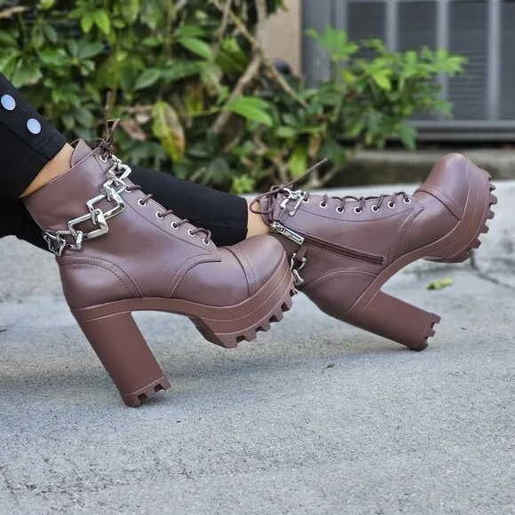 Women's Platform Heel Boots Chunky Ankle Lace Up Mocha Color