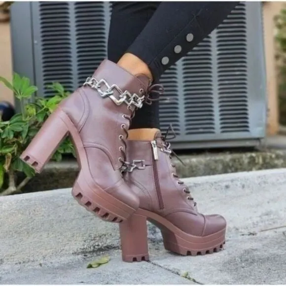 Women's Platform Heel Boots Chunky Ankle Lace Up Mocha Color