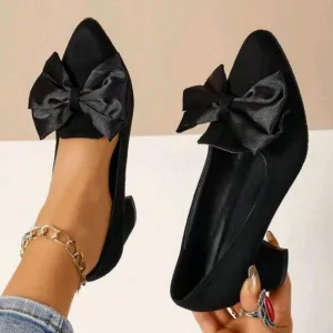 Women's Solid Color Slip-On Pumps With Bow Decor, Elegant Chunky Heel High Heels