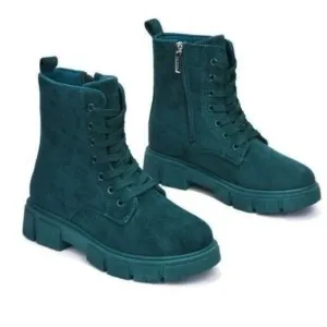 Womens Suede Combat Ankle Boots Lace Up Heeled Teal Color