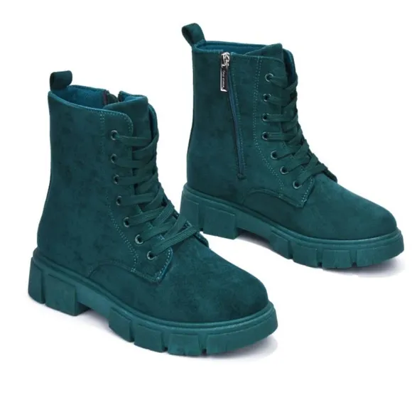 Womens Suede Combat Ankle Boots Lace Up Heeled Teal Color