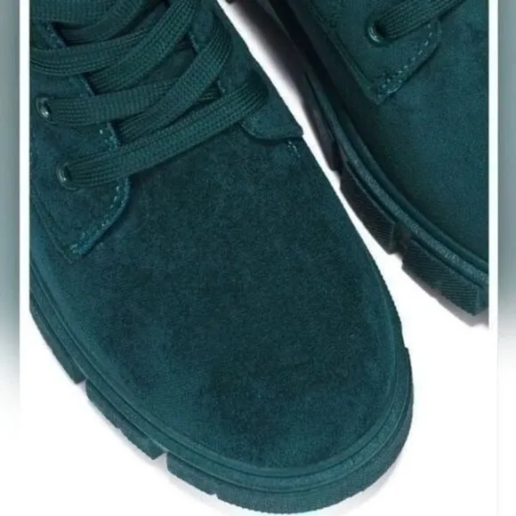Womens Suede Combat Ankle Boots Lace Up Heeled Teal Color