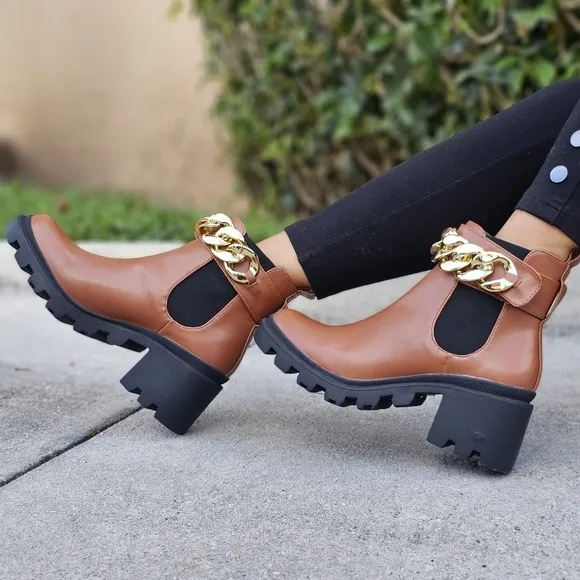 Women's Tan Combat Ankle Boots Heeled Booties