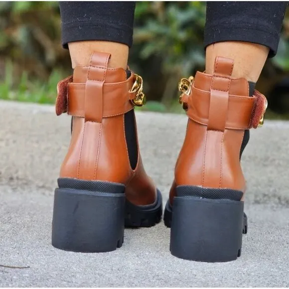 Women's Tan‎ Combat Ankle Boots Heeled Booties