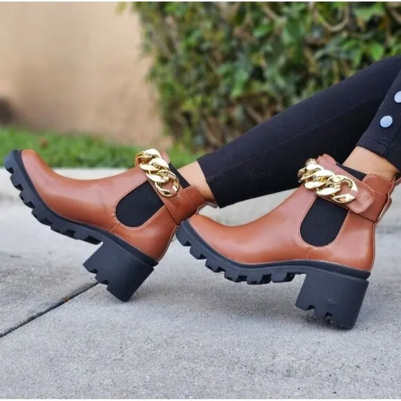Women's Tan‎ Combat Ankle Boots Heeled Booties
