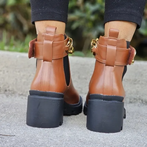 Women's Tan Combat Ankle Boots Heeled Booties