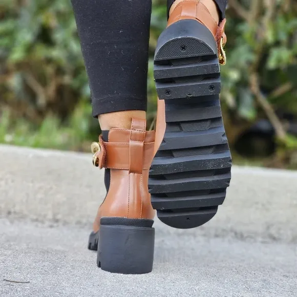 Women's Tan Combat Ankle Boots Heeled Booties