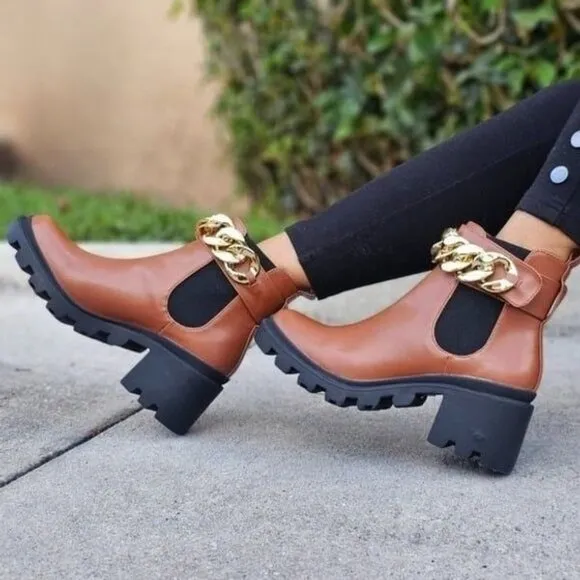Women's Tan Combat Ankle Boots Heeled Booties